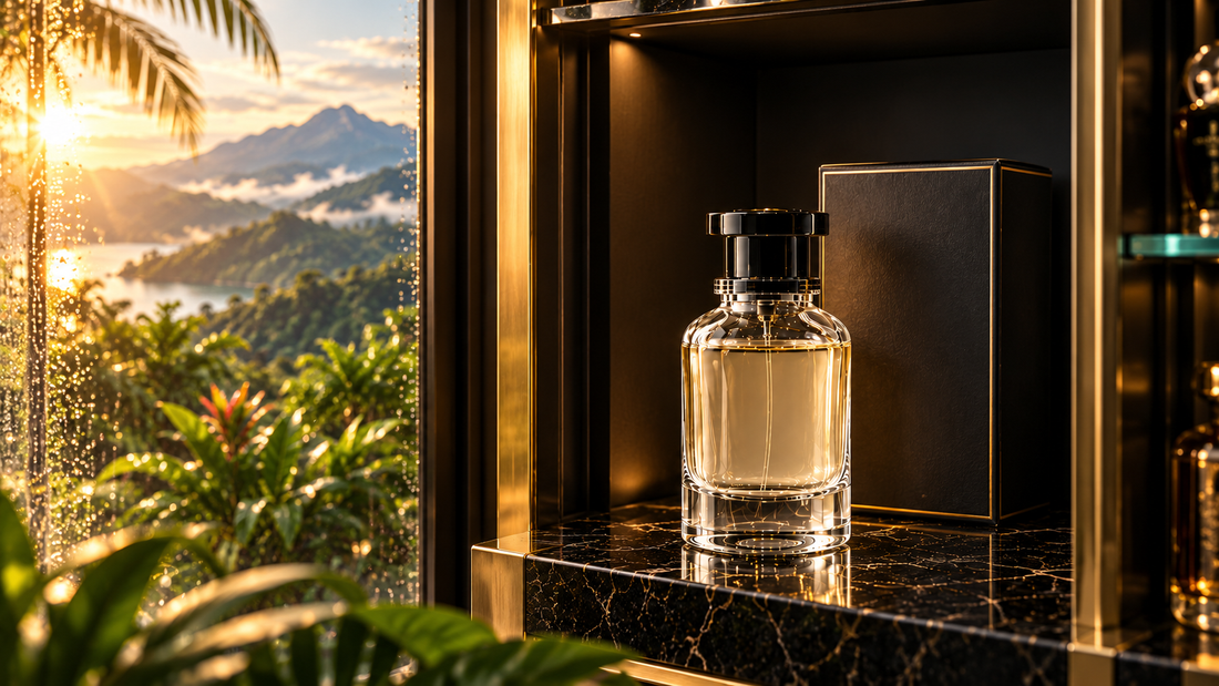 Perfume guardado verticalmente en un gabinete oscuro y seco, protegido de la luz, el calor y la humedad.