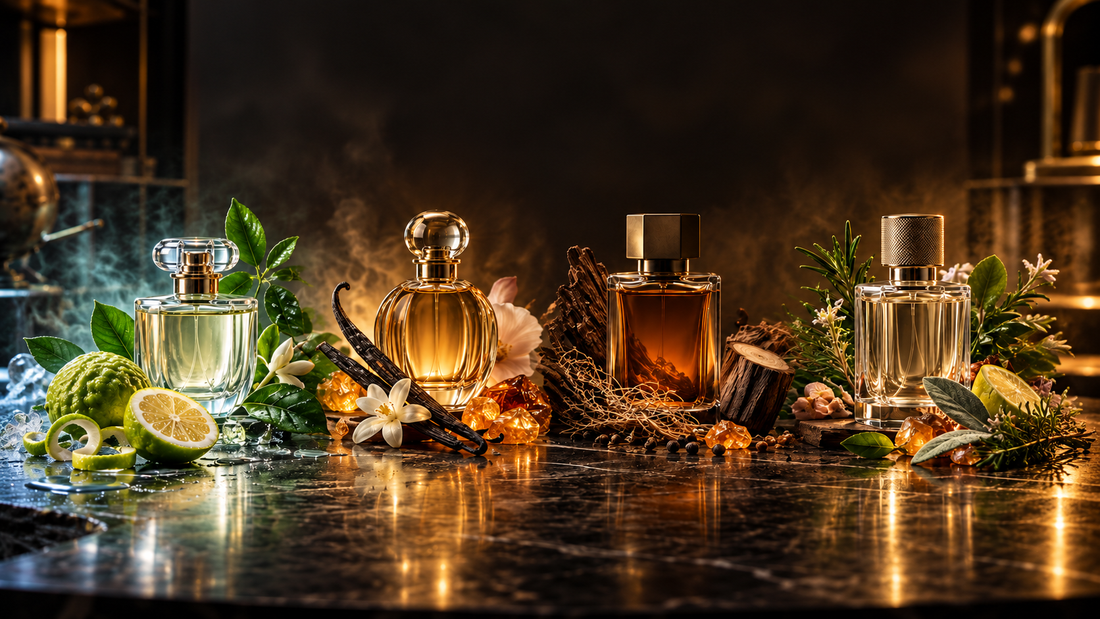 Cuatro perfiles olfativos —fresco, dulce, amaderado y versátil— representados con frascos de perfume e ingredientes aromáticos.