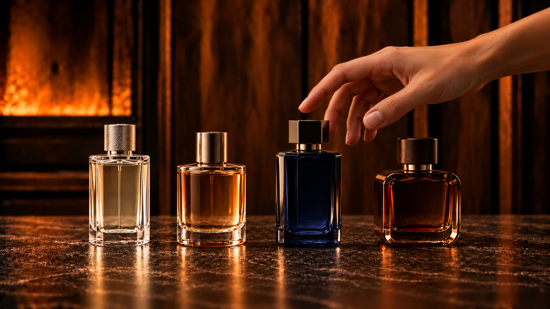 Mano eligiendo entre cuatro perfumes de distintos estilos