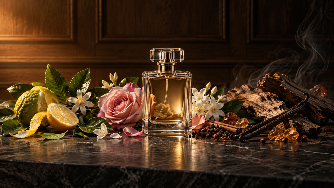 Perfume rodeado de notas cítricas, flores, especias, vainilla y maderas que representan su evolución de salida, corazón y fondo.