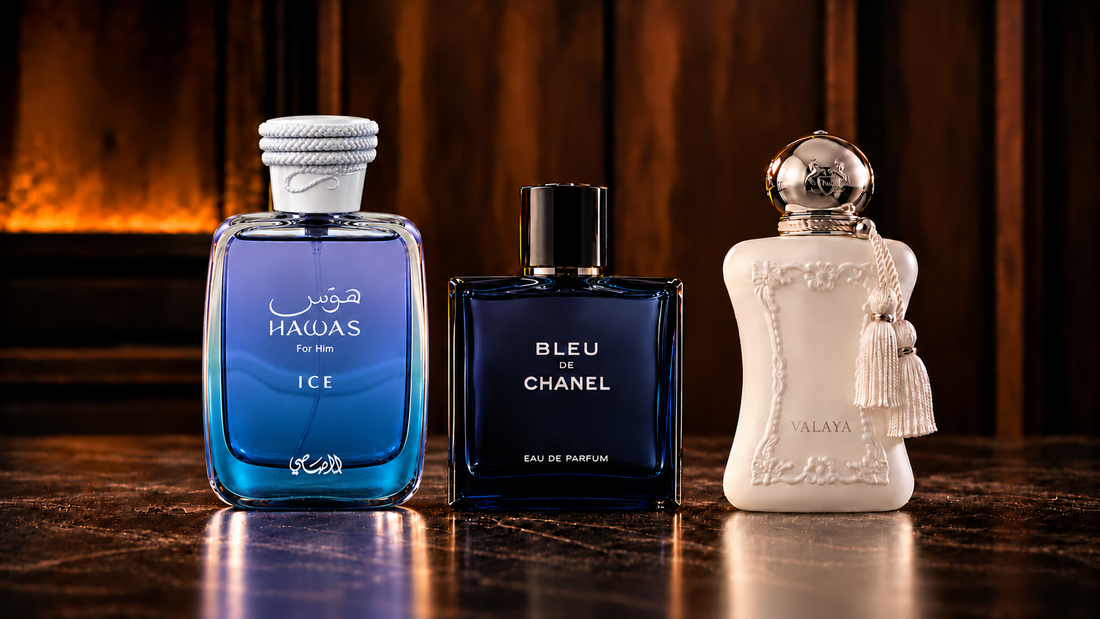 Rasasi Hawas Ice, Bleu de Chanel EDP y Parfums de Marly Valaya representan perfumes árabes, de diseñador y nicho.